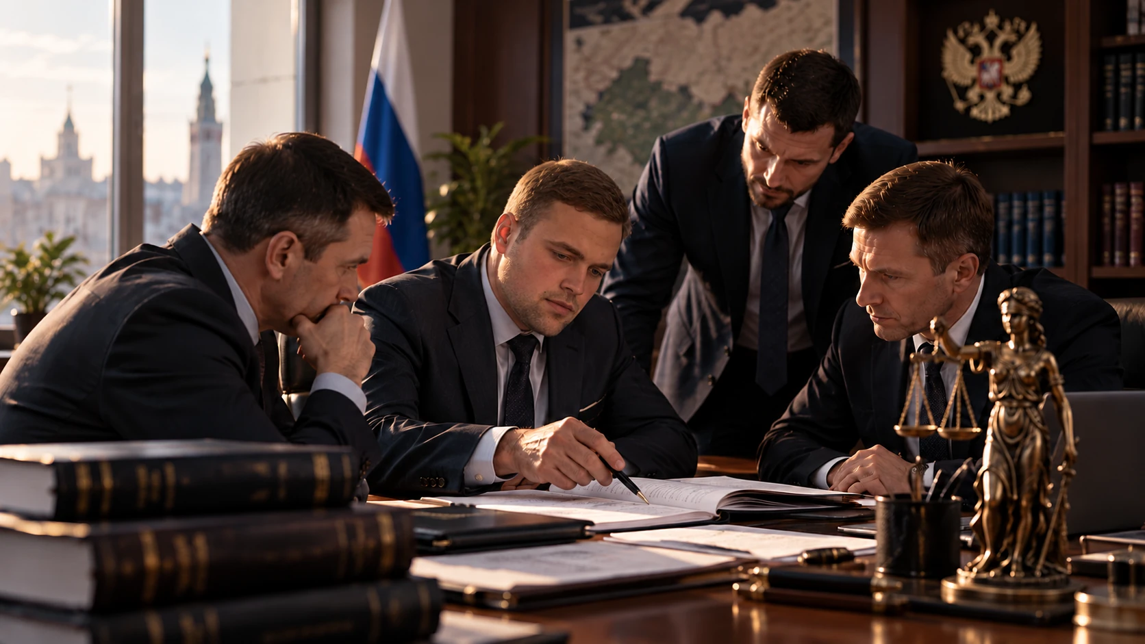 Степан Басич с командой юристов обсуждает документы за столом